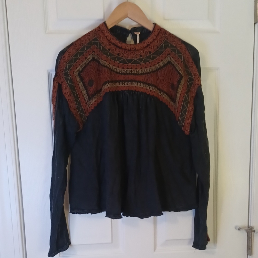 Free People Black Distressed Blouse With Rust, Gray, and Gold  Embroidery